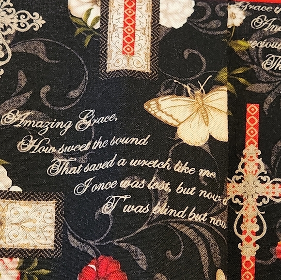 Hand Crafted Half Apron 2 Pockets Black Red Religious Theme Cross Cotton - Picture 4 of 9